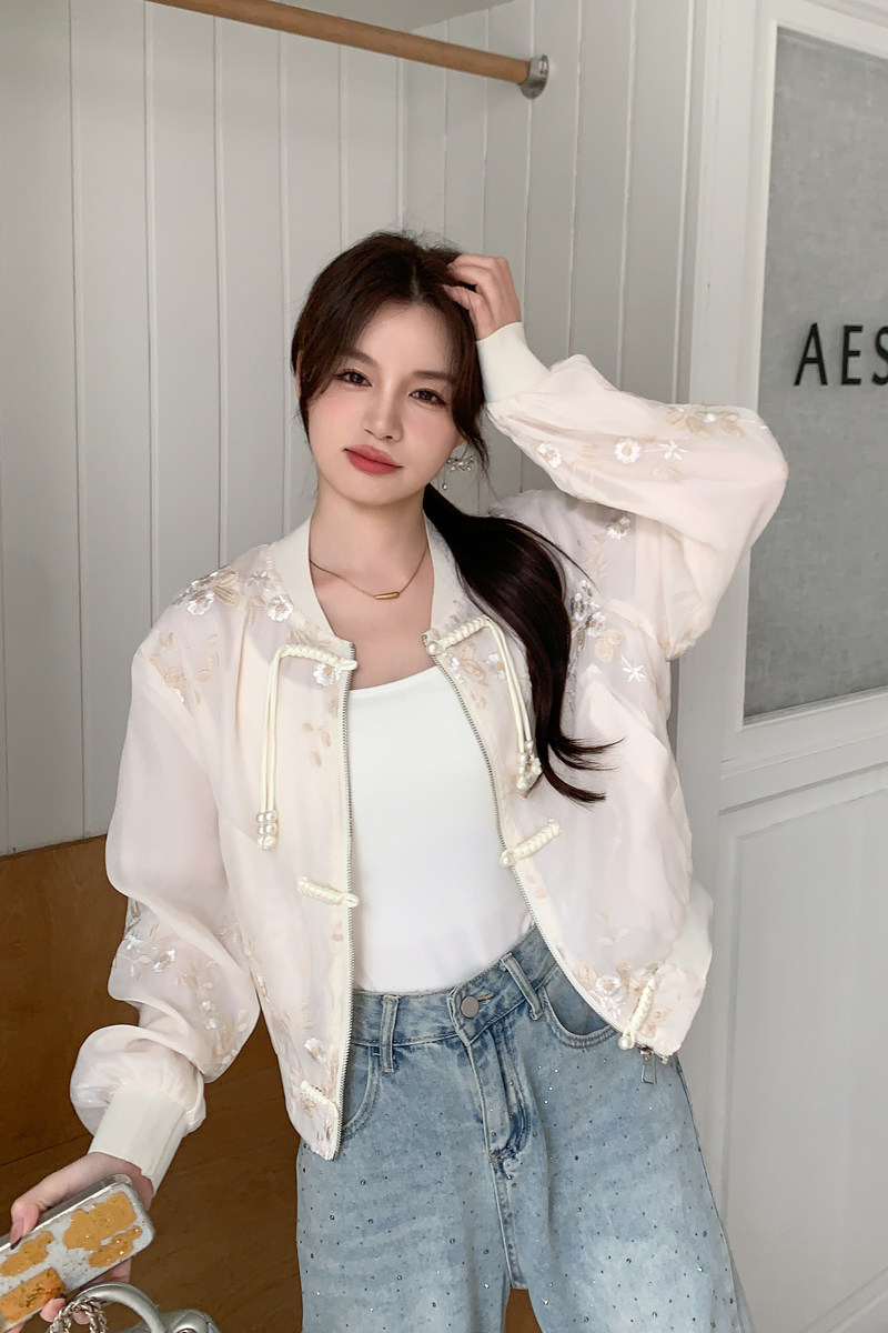 新中式国风白色棒球服女夏新款独特小众设计感超好看短款防晒外套,女装短外套,2C092