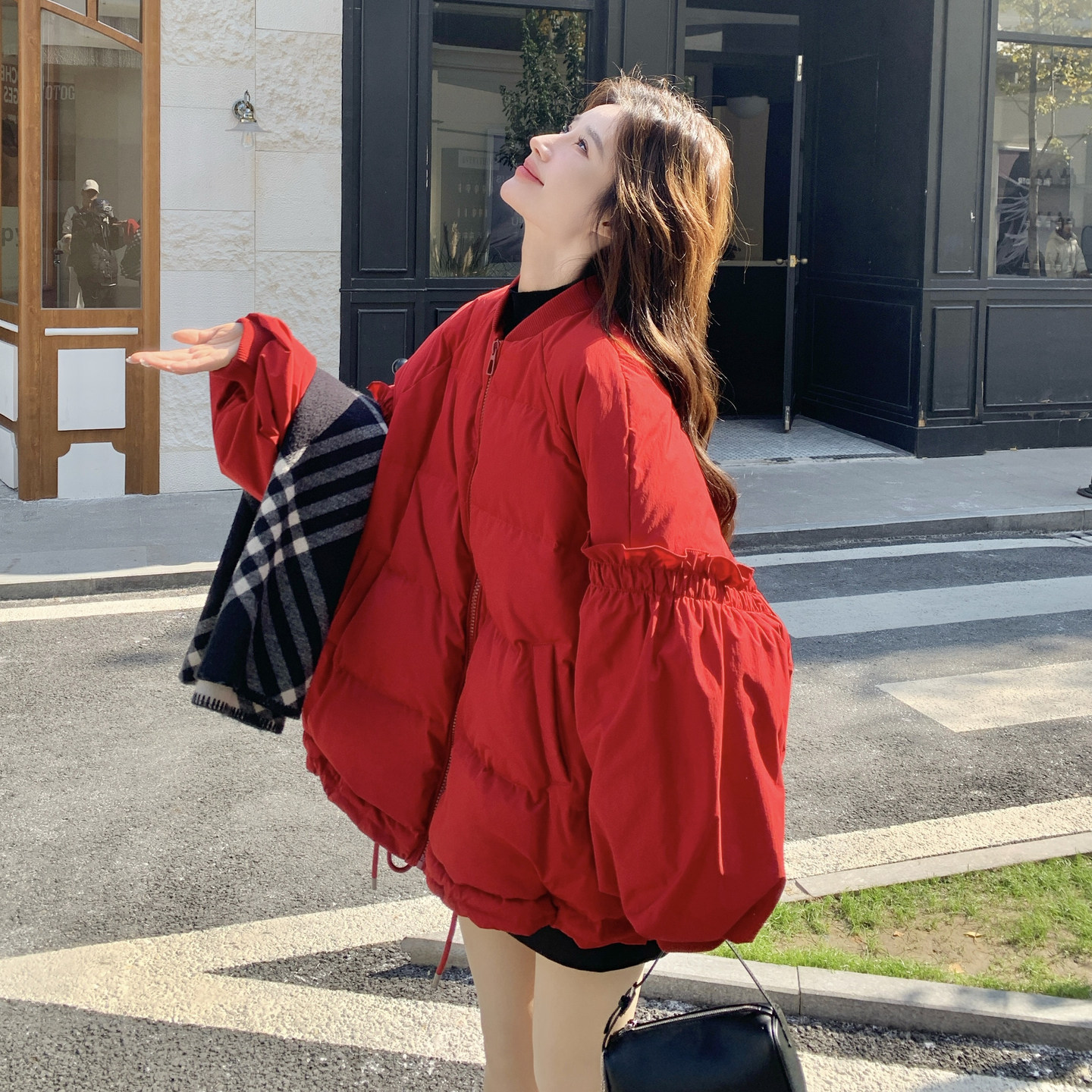 新年红色花边棒球羽绒服女2026新款韩版加厚宽松休闲90白鸭绒外套,女装羽绒服,2C166
