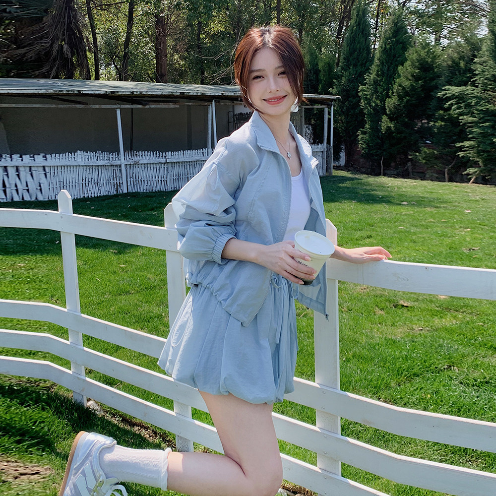 蓝色休闲时尚套装女夏季2025新款韩版长袖防晒衣花苞半身裙两件套,女装套装/套裙,2C135