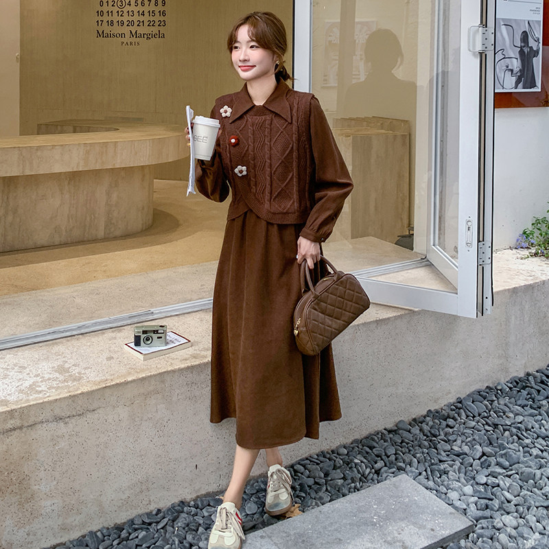 针织马甲长袖连衣裙套装女春秋盐系穿搭高级感衬衫裙两件套,女装连衣裙,2C166