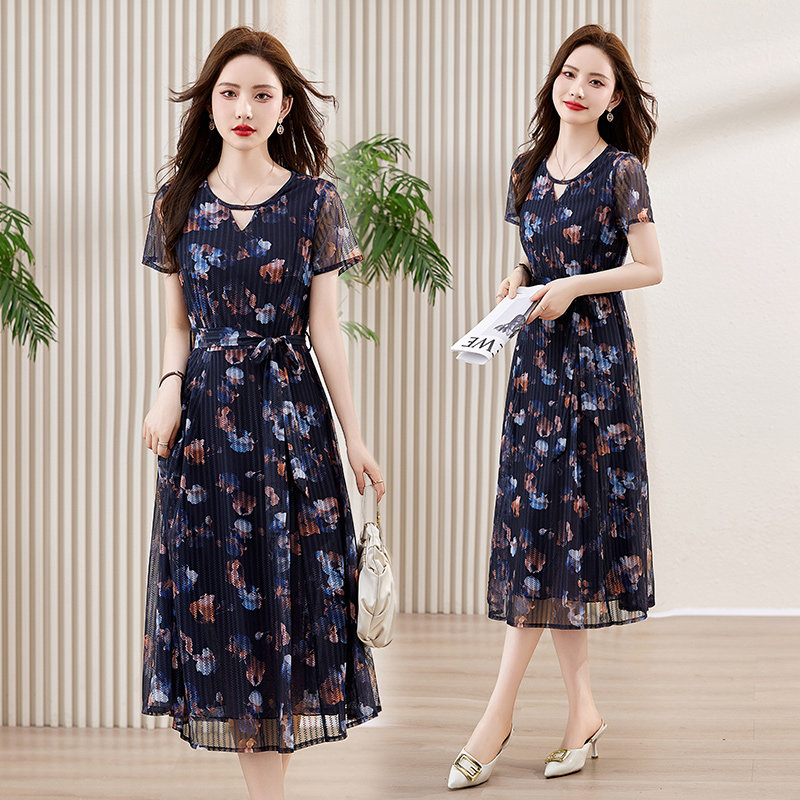 【新品】吾爱衣2419款雪纺连衣裙女夏季气质收腰百搭碎花裙,女装连衣裙,吾爱衣
