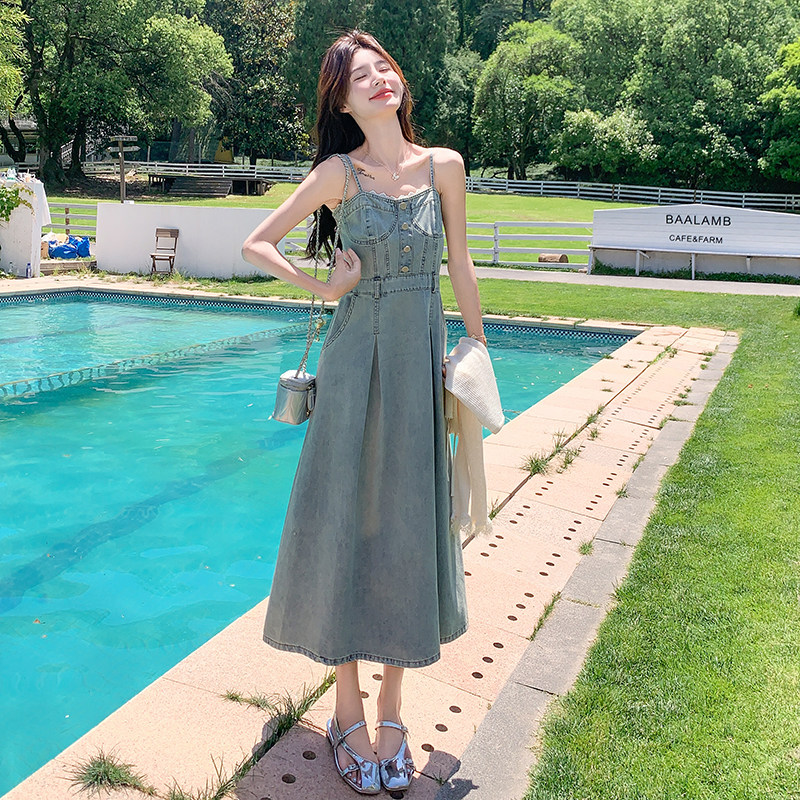 气质甜美风蕾丝拼接针织开衫两件套女夏季2025优雅牛仔吊带裙套装,女装套装/套裙,2D078