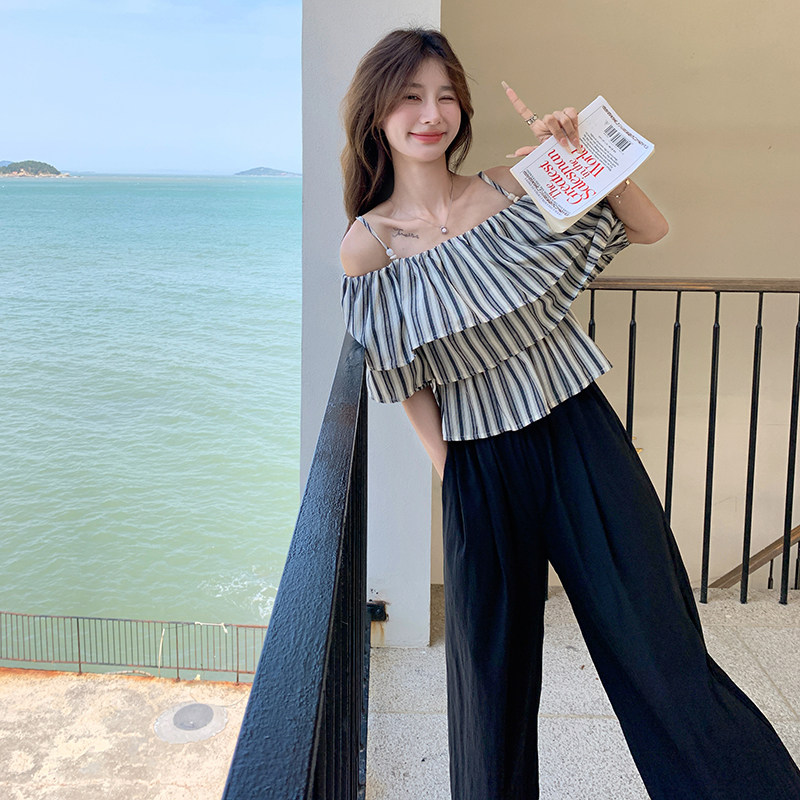 现货：夏装新款竖条纹上衣＋阔腿裤两件套装2C135-5092P115K178,女装套装/套裙,2C135