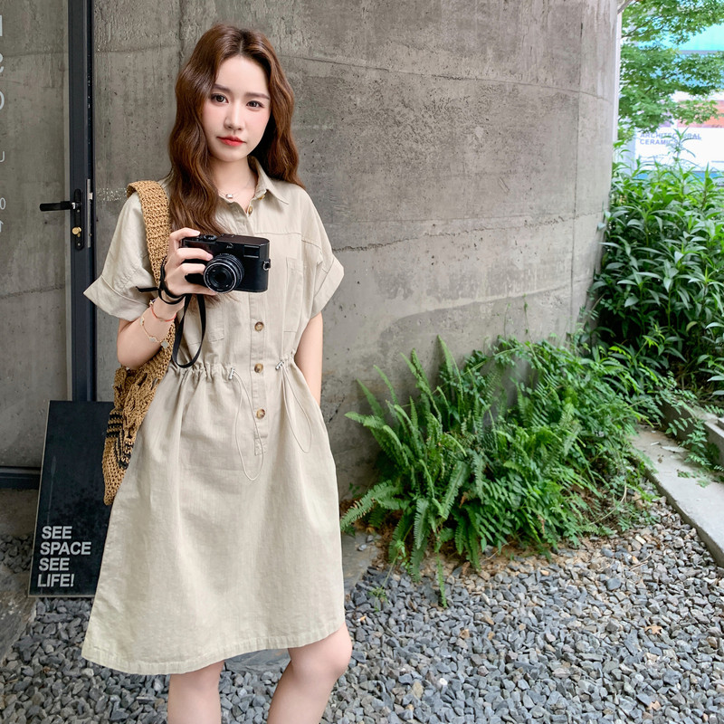 卡其色休闲工装连衣裙女2025年夏季新款韩版小个子收腰显瘦衬衫裙,女装连衣裙,2C258