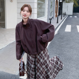美拉德棕色复古立领外套女秋短款2025新款小个子宽松休闲夹克上衣，女装短外套，2C159