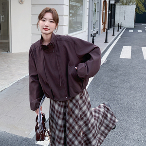 美拉德棕色复古立领外套女秋短款2025新款小个子宽松休闲夹克上衣图片