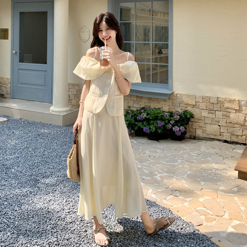 法式高端女神范优雅套装2025夏新款设计感一字肩上衣半身裙两件套,女装套装/套裙,2C159