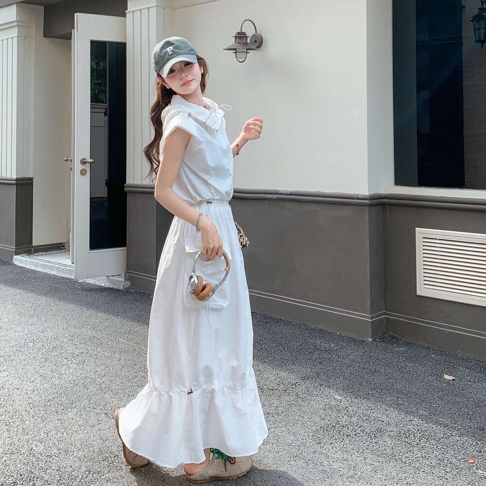 时尚休闲工装套装裙女2025夏季轻薄连帽马甲半身裙气质显瘦两件套,女装套装/套裙,2C159