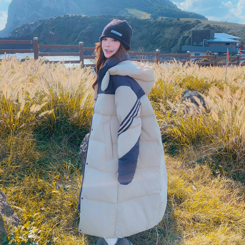 时尚浪漫撞色条纹拼接长款羽绒服女冬季2025连帽过膝工装保暖外套,女装羽绒服,2C325