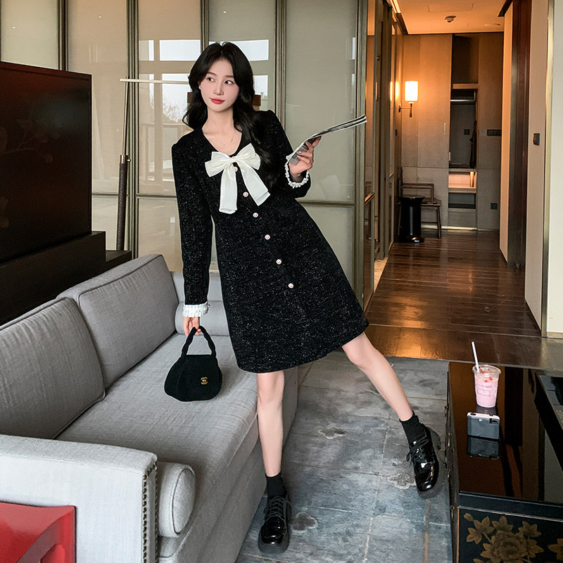 法式小香风连衣裙女2025春季新款高级感气质收腰显瘦蝴蝶结小黑裙,女装连衣裙,2C029