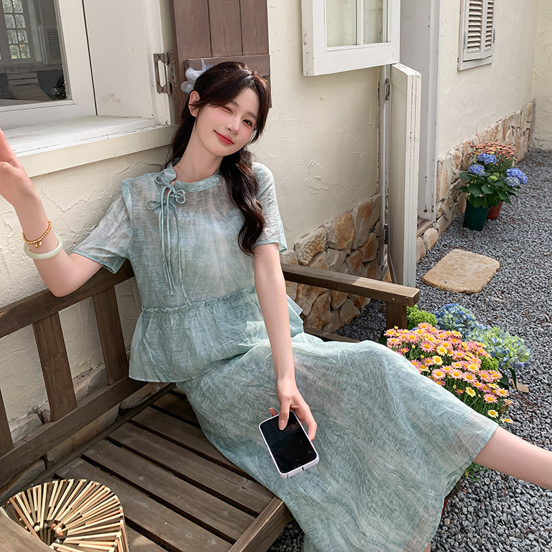 新中式复古短袖上衣两件套女2025年夏季新款漂亮显瘦气质国风套装,女装套装/套裙,2D044
