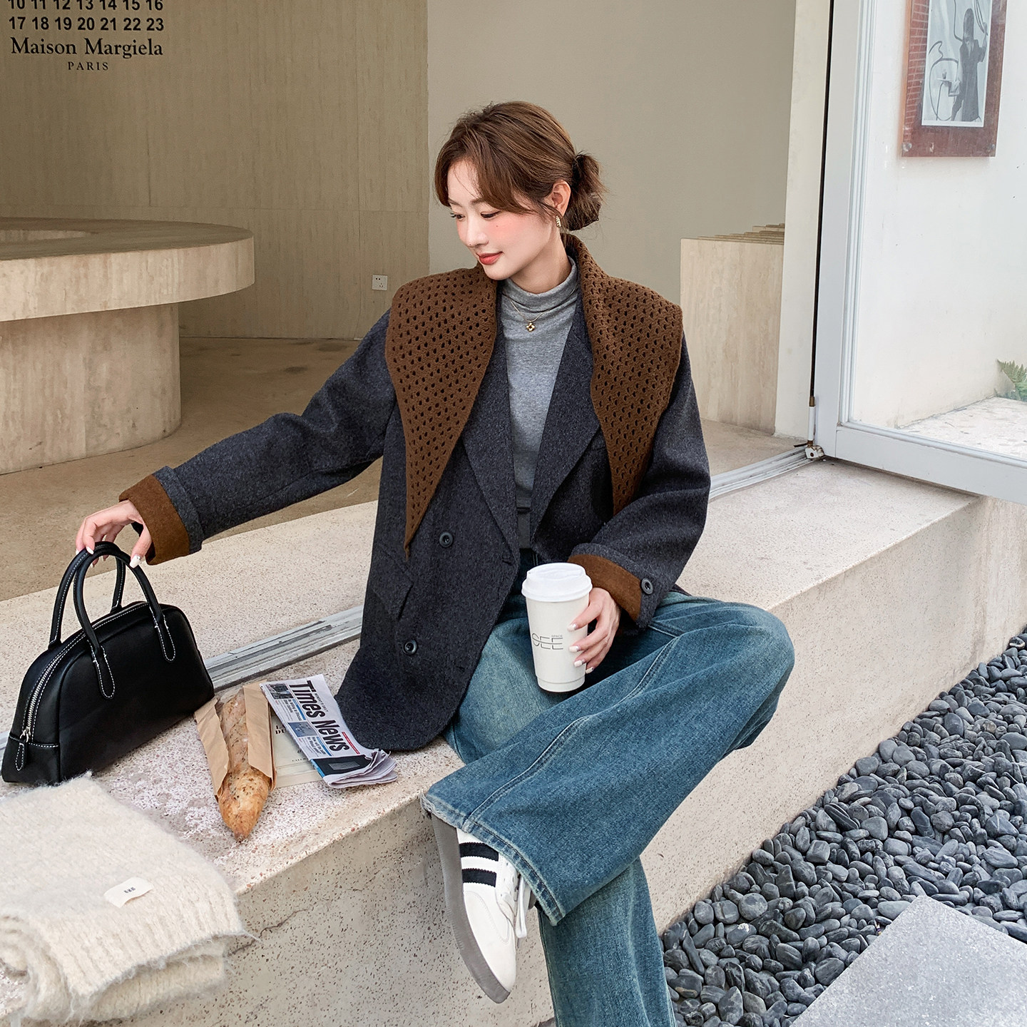 灰色韩系撞色针织披肩西装毛呢外套女秋冬2025新款轻熟风气质大衣,女装毛呢外套,2C126