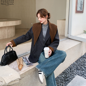 灰色韩系撞色针织披肩西装毛呢外套女秋冬2025新款轻熟风气质大衣图片