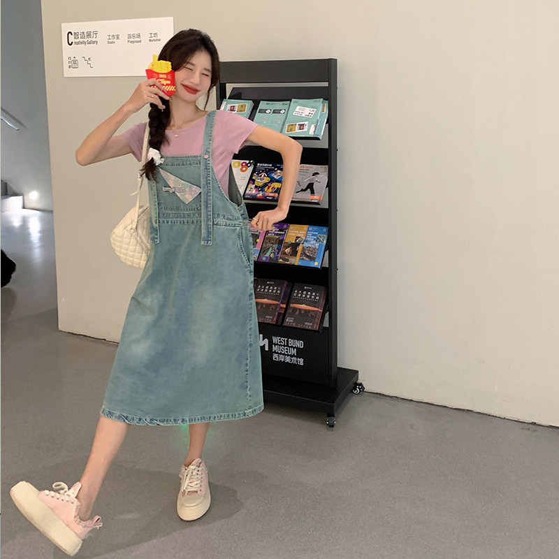 港风复古牛仔背带连衣裙女夏新款可盐可甜宽松显瘦开叉学生长裙,女装套装/套裙,2C280