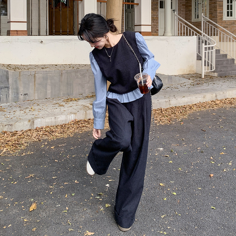 超火盐系穿搭藏青色小香风套装女春秋2025新款假两件阔腿裤两件套,女装套装/套裙,2C203
