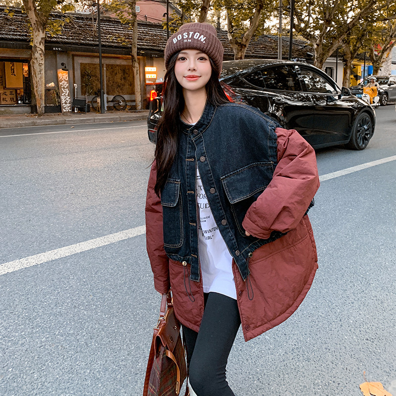 档口现货牛仔拼接安可拉红夹棉棉服假两件套2C233-8859-P205-K289,女装棉衣/棉服,2C233
