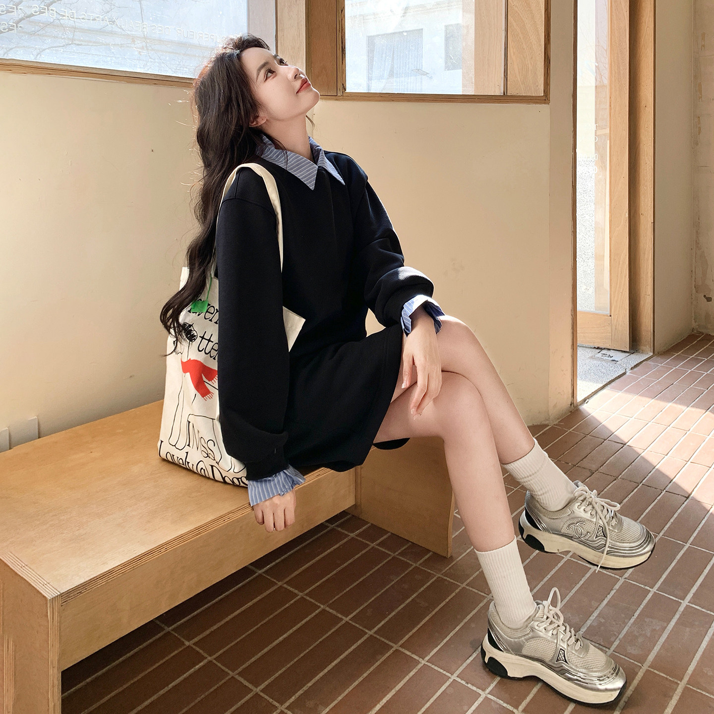 新款拼接POLO领假两件卫衣加绒加厚半身裙两件套女装,女装套装/套裙,2B142