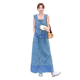 气质显瘦慵懒风牛仔套装裙女2025夏季单排扣上衣半身裙淡人两件套，女装套装/套裙，2D043