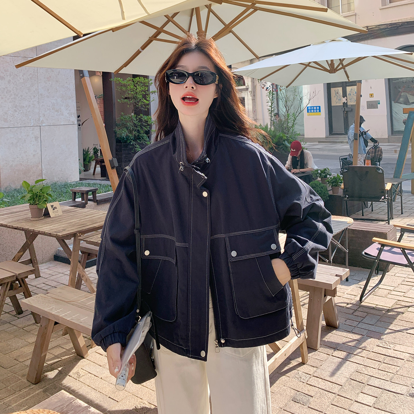 深蓝色明线拼接夹克短款外套女2025春秋季新款韩版显瘦工装冲锋衣,女装短外套,2C306
