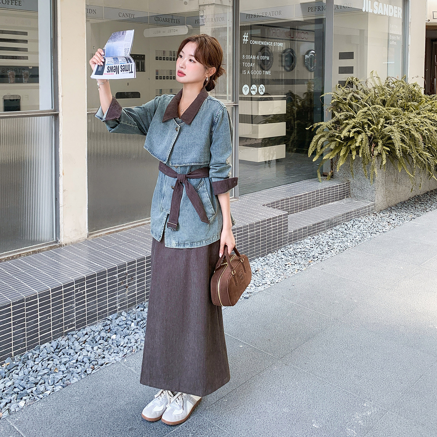 轻熟风撞色牛仔外套女秋季2025新款高级感灯芯绒半身裙穿搭两件套,女装套装/套裙,2D078