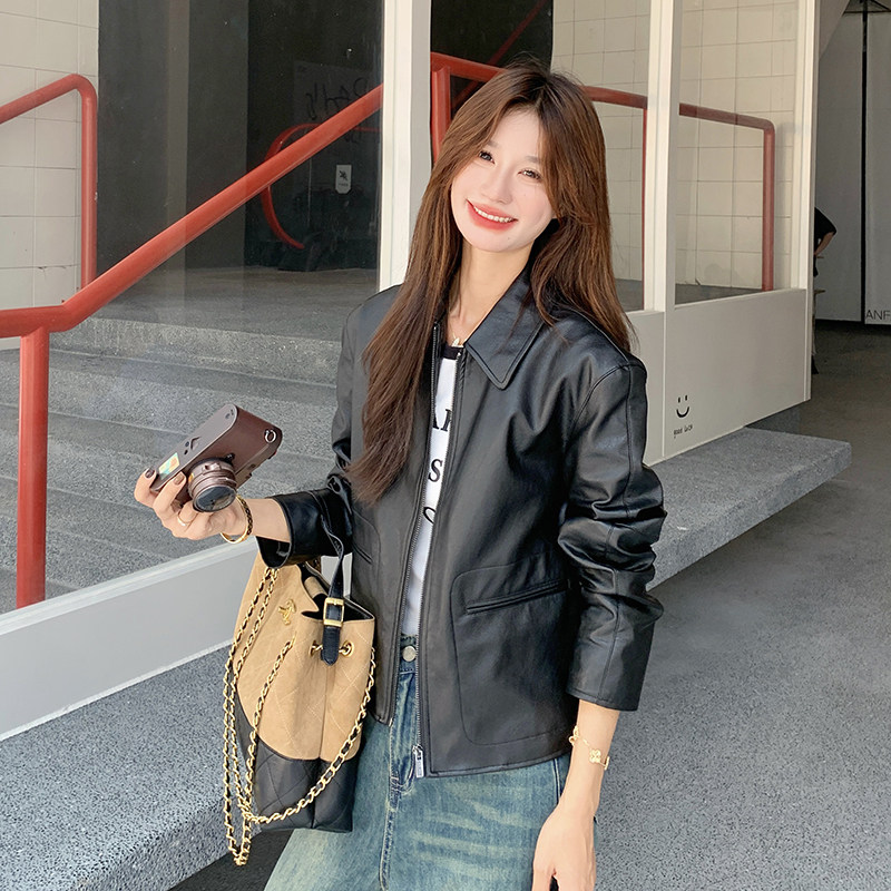 复古短款翻领PU皮衣外套女春秋新款酷飒风时尚百搭小个子机车夹克图片