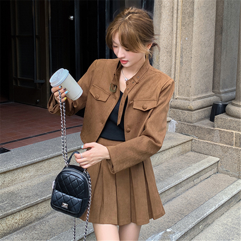 美式复古夹克上衣百褶裙套装女2025新款小个子时髦早秋穿搭一整套,女装套装/套裙,2C113
