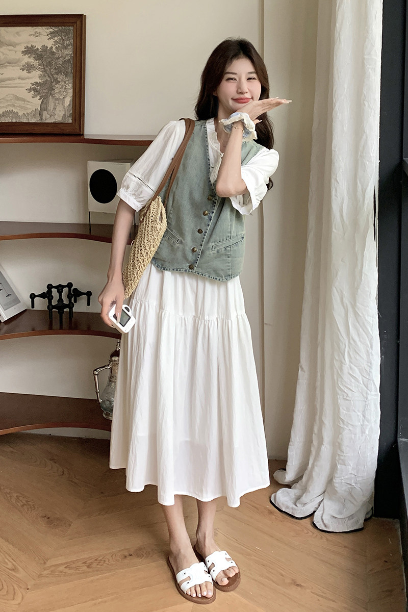 风牛仔短袖搭配吊带连衣裙套装女夏季2025新款高端精致雪纺裙子,女装连衣裙,2C218