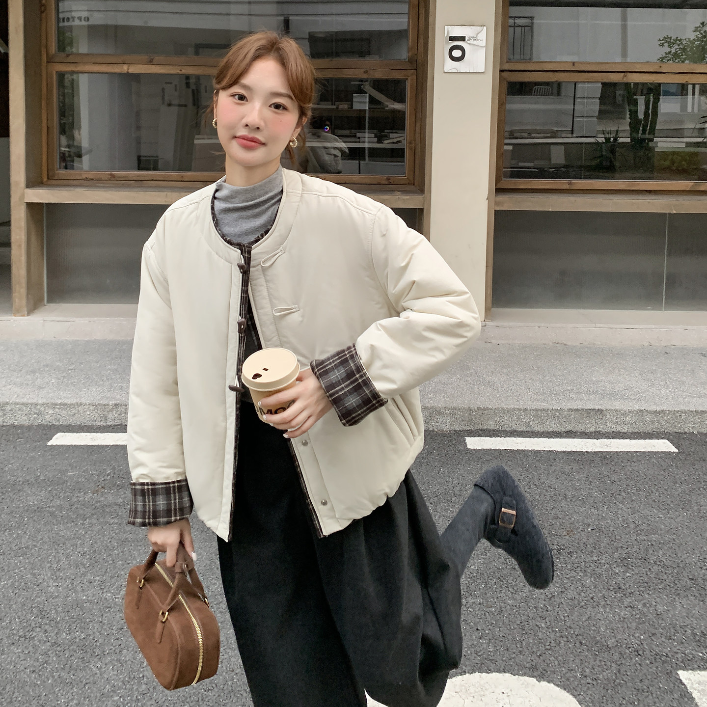米白色小个子格子拼接棉服短外套女冬季2025新款加厚保暖棉衣棉袄,女装棉衣/棉服,2C092