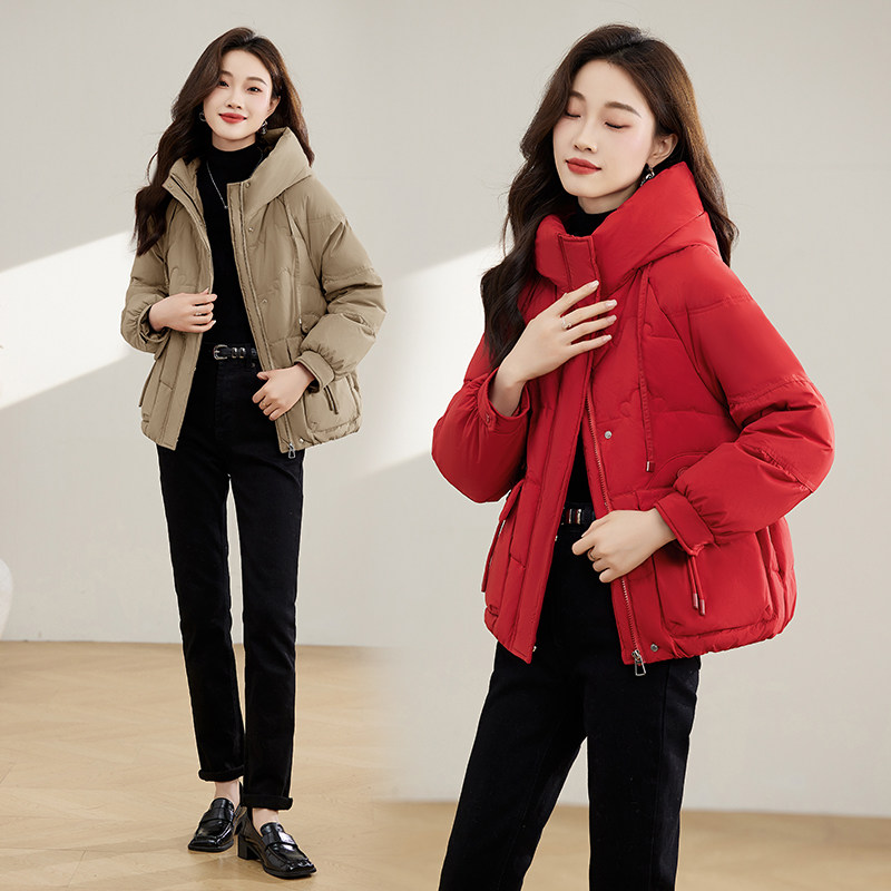 连帽羽绒服女2025年冬季新款加厚保暖宽松显瘦大红色过年喜庆外套,女装羽绒服,蓝朵琳