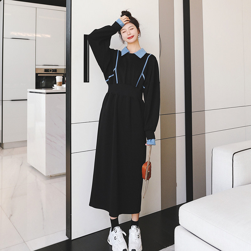 设计感拼接黑色卫衣连衣裙女春季2025新款别致独特收腰显瘦长裙子,女装连衣裙,2C069