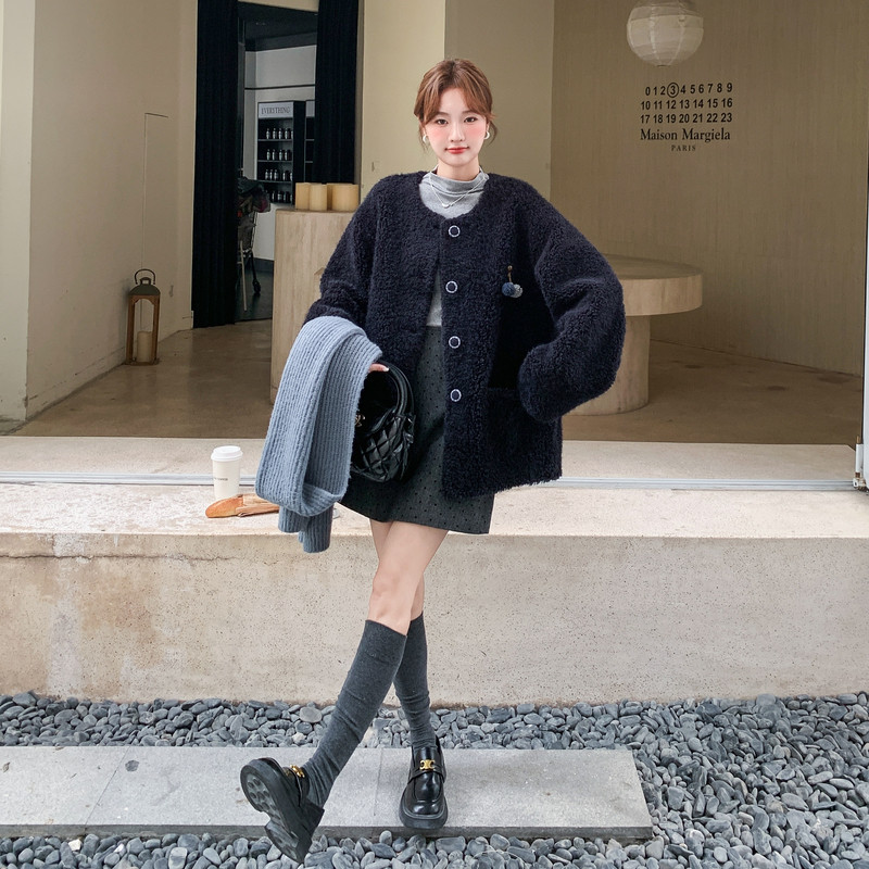 韩系颗粒绒外套女2025新款爆款秋冬宽松皮毛一体高级休闲毛绒大衣,女装短外套,2C217