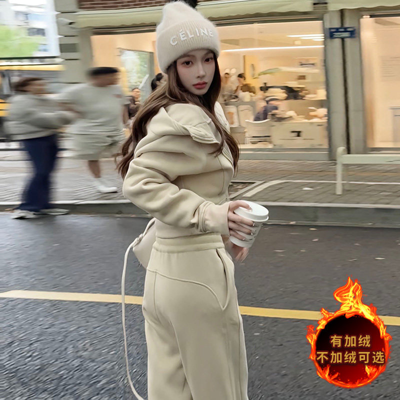 女秋冬韩系穿搭一整套洋气时尚高级感连帽卫衣长裤休闲两件套装潮,女装套装/套裙,2C310
