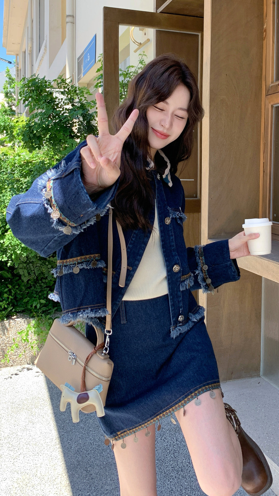 复古牛仔套装裙女秋季2025新款韩系小个子短款外套半身裙两件套,女装套装/套裙,2C230