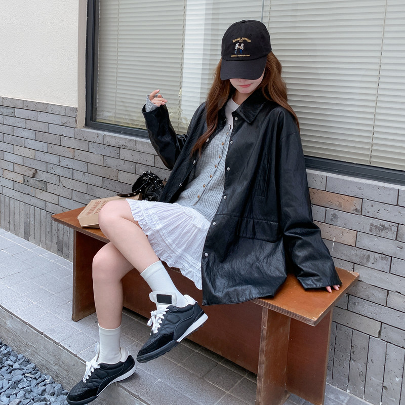 黑色复古甜美港风时髦简约皮衣外套女2025秋季中长款翻领pu皮夹克,女装皮衣,2C291