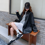 黑色复古甜美港风时髦简约皮衣外套女2025秋季中长款翻领pu皮夹克，女装皮衣，2C291