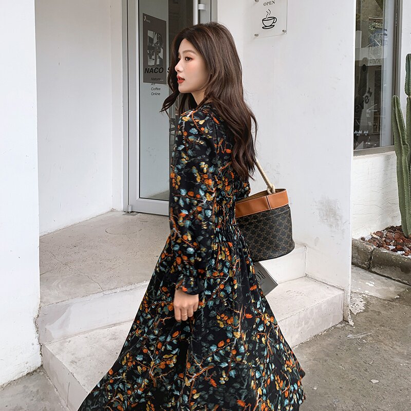 法式复古气质桔梗碎花连衣裙女2025春秋季新款收腰显瘦v领长裙子,女装连衣裙,2C016