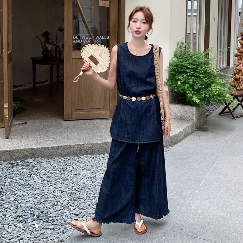 【新品】韩版简约风气质牛仔阔腿裤套装2C030-9037-P175-K258,女装套装/套裙,2C030