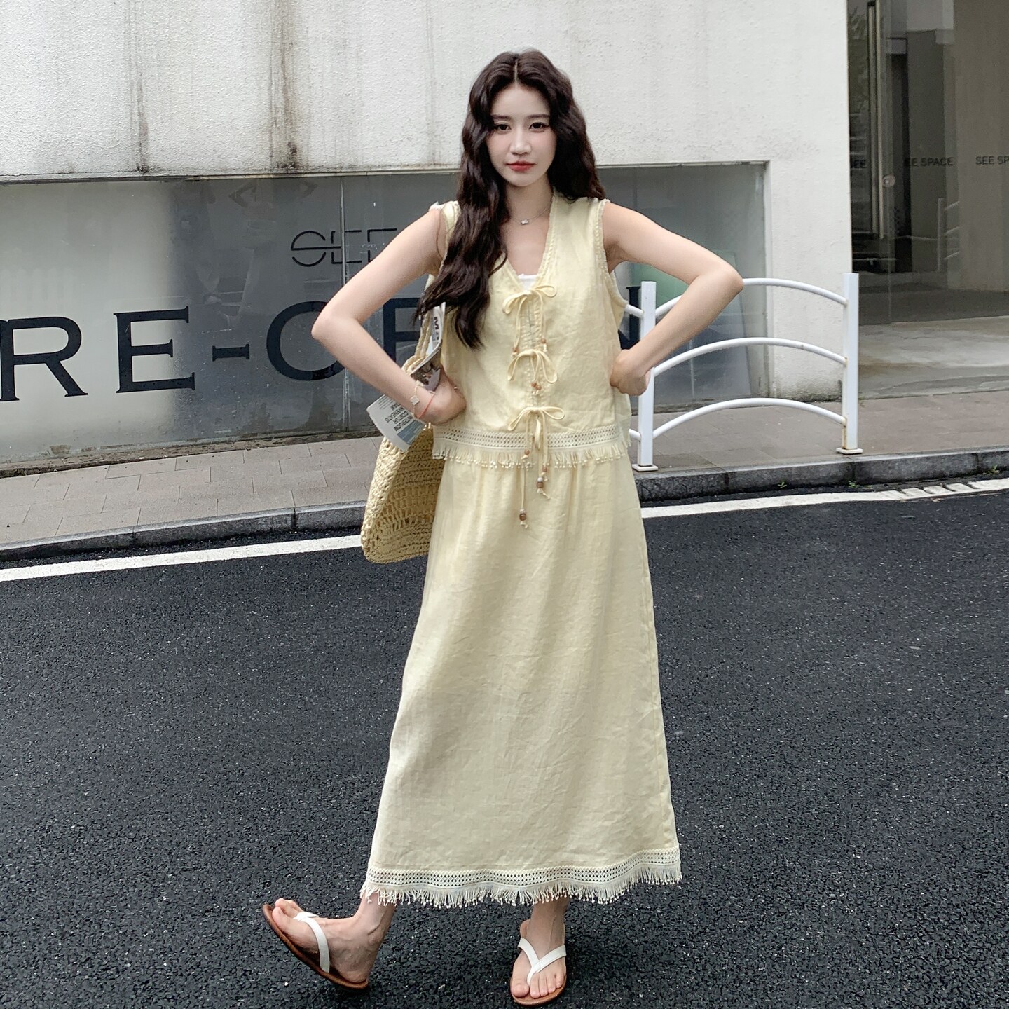 黄色流苏马甲半身裙套装女2025夏季新款温柔风减龄独特绝美两件套,女装套装/套裙,2C212