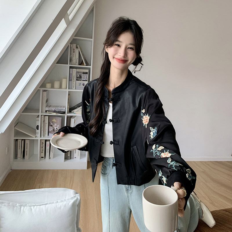 现货2025春季新款皮衣拼接刺绣外套098-815P155K218,女装短外套,2C098