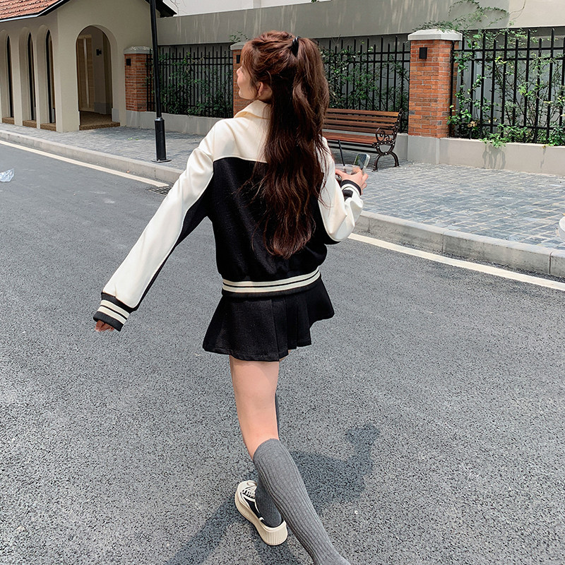 学院风黑色棒球服套装女2024秋季新款设计感小众夹克百褶裙两件套,女装套装/套裙,2C088