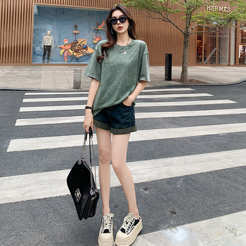 女夏季新款简约宽松圆领百搭纯色短袖T恤设计感时尚休闲运动上衣,女装T恤,2C310