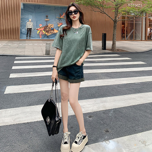 女夏季新款简约宽松圆领百搭纯色短袖T恤设计感时尚休闲运动上衣图片