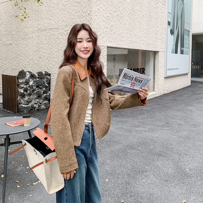 美拉德棕色复古麂皮绒外套女2025秋季巨好看高级感拼皮翻领夹克,女装短外套,2C126