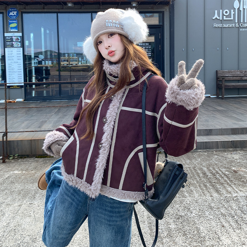 咖色短款皮毛一体羊羔毛厚外套女2025新款冬季加厚韩系爆款机车服,女装羊绒大衣,2D034