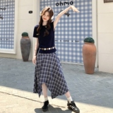 藏青色露肩T恤格子半身裙套装女夏2025新款御姐爆款流行两件套潮，女装套装/套裙，2C135