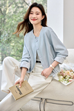蓝色洋气减龄皮衣外套女2025春季新款小个子休闲百搭圆领夹克上衣，女装皮衣，衣珂纱朗