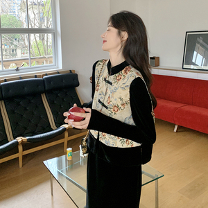 新中式刺绣马甲黑色丝绒连衣裙套装女春季2025新款气质高端两件套图片
