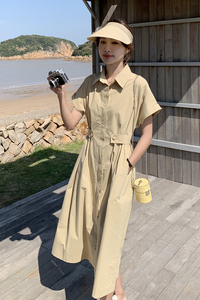 现货！卡其色衬衫连衣裙女夏法式气质收腰显瘦长裙3010P120控178图片