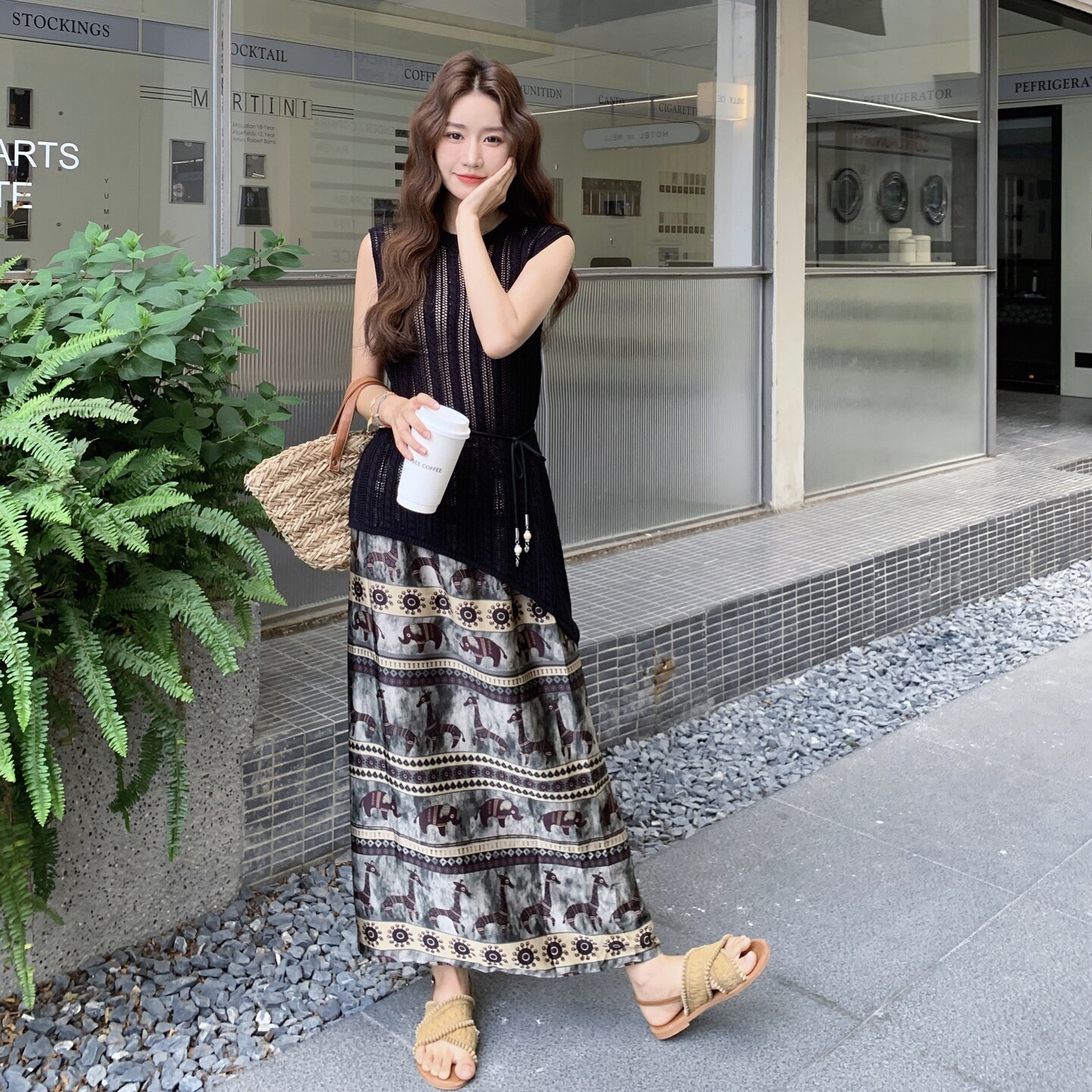 黑色针织镂空无袖背心套装裙女2025夏季法式复古印花半身裙两件套,女装套装/套裙,2C166