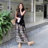 黑色针织镂空无袖背心套装裙女2025夏季法式复古印花半身裙两件套，女装套装/套裙，2C166